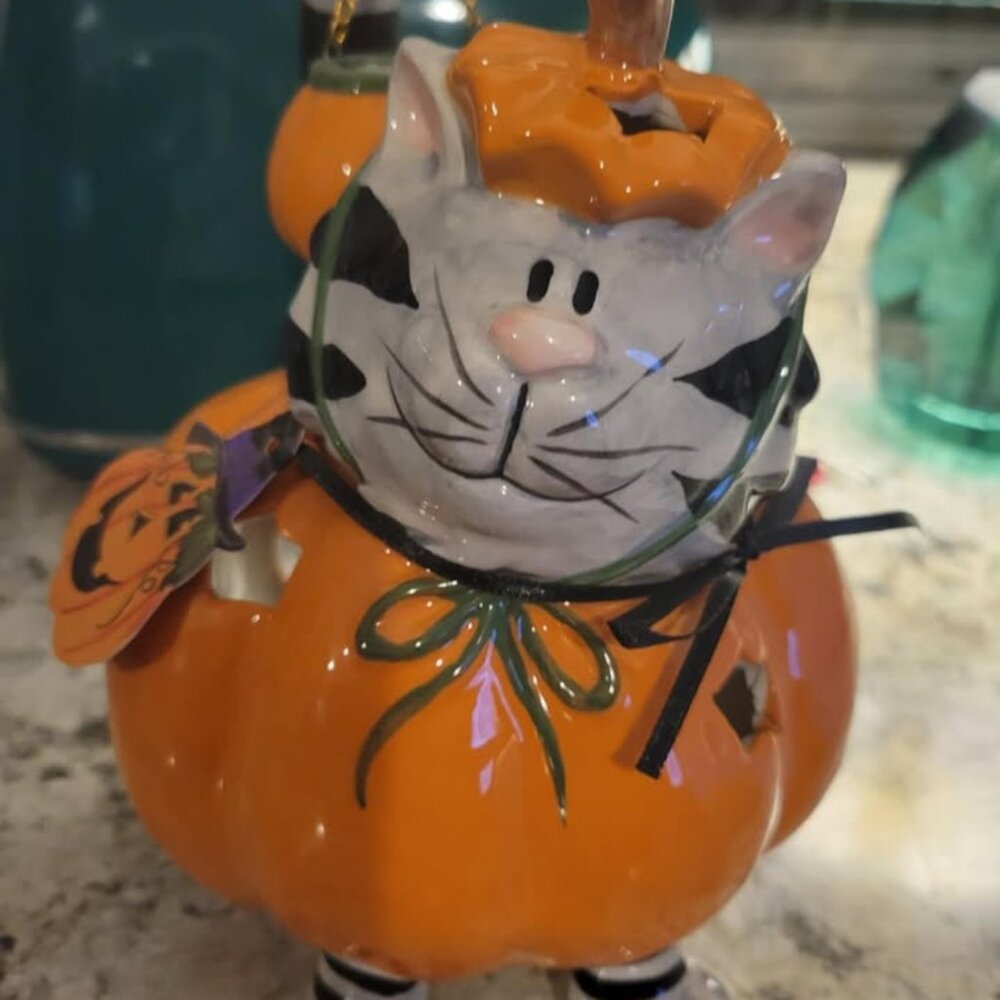 Blue Sky Clay Works Halloween Cat in Costume Holding Miniature Pumpkin on Tail